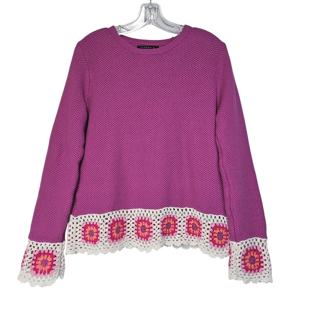 Joseph A Women Sweater M Purple Cotton Crochet Granny Square Boho Cottage Hippie
